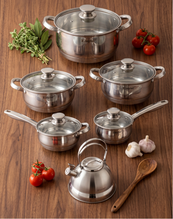 cookware set with kettle 2 5l stainless steel black handle ze 6812 b